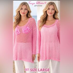 Women's Pink Open-Knit Beach Cover-Up Sweater